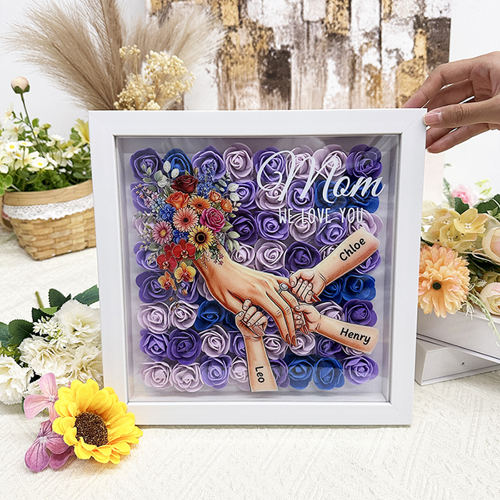 Personalized Mommy and Children Holding Hands Flower Shadow Box