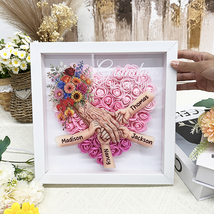 Personalized Mommy and Children Holding Hands Flower Shadow Box