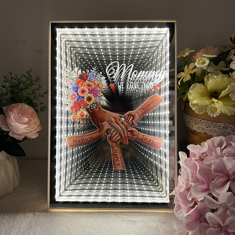 Personalized Mommy and Children Holding Hands Starry Mirror Light Box