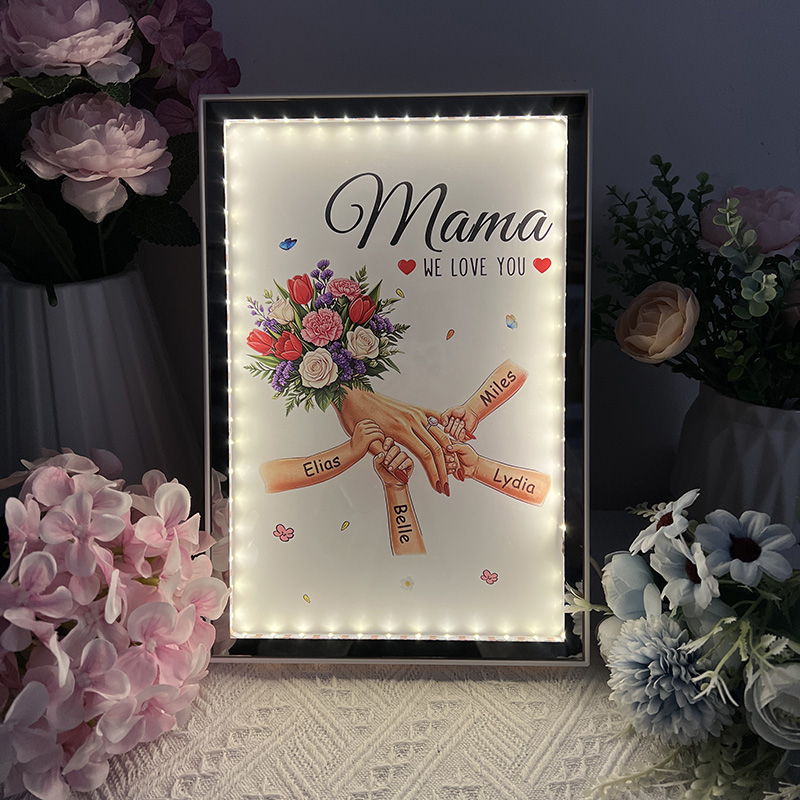 Personalized Mommy and Children Hold Hands Flower Mirror Light Box