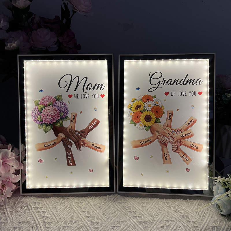Personalized Mommy and Children Hold Hands Flower Mirror Light Box