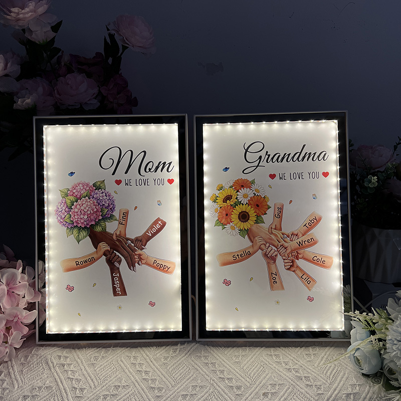 Personalized Mommy and Children Hold Hands Flower Mirror Light Box