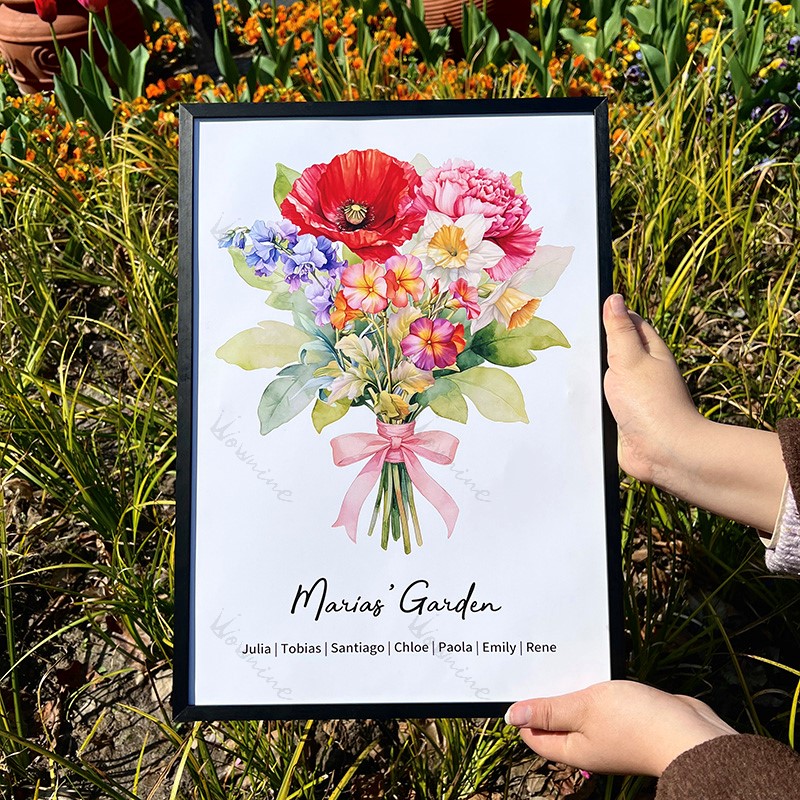 Birth Flower Family Bouquet Custom Names Frame