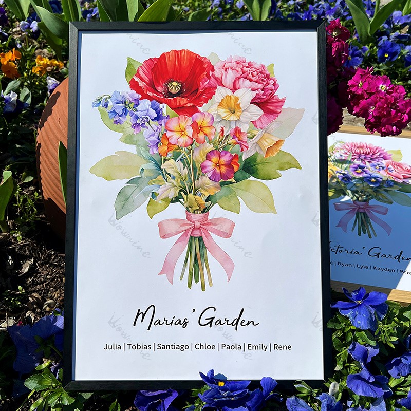 Birth Flower Family Bouquet Custom Names Frame