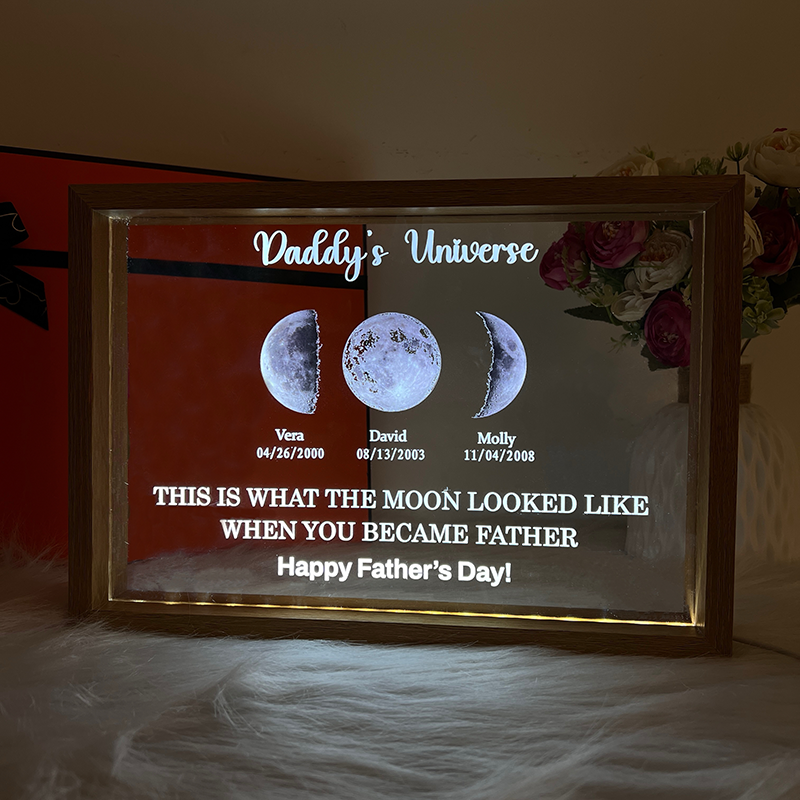 Led light frame with text and date - dad's universe