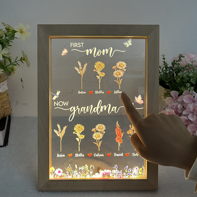 First Mom Now Grandma - Birth Flower Family Customized Light LED Frame