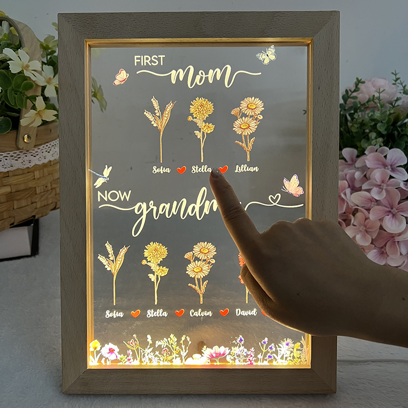 First Mom Now Grandma - Birth Flower Family Customized Light LED Frame