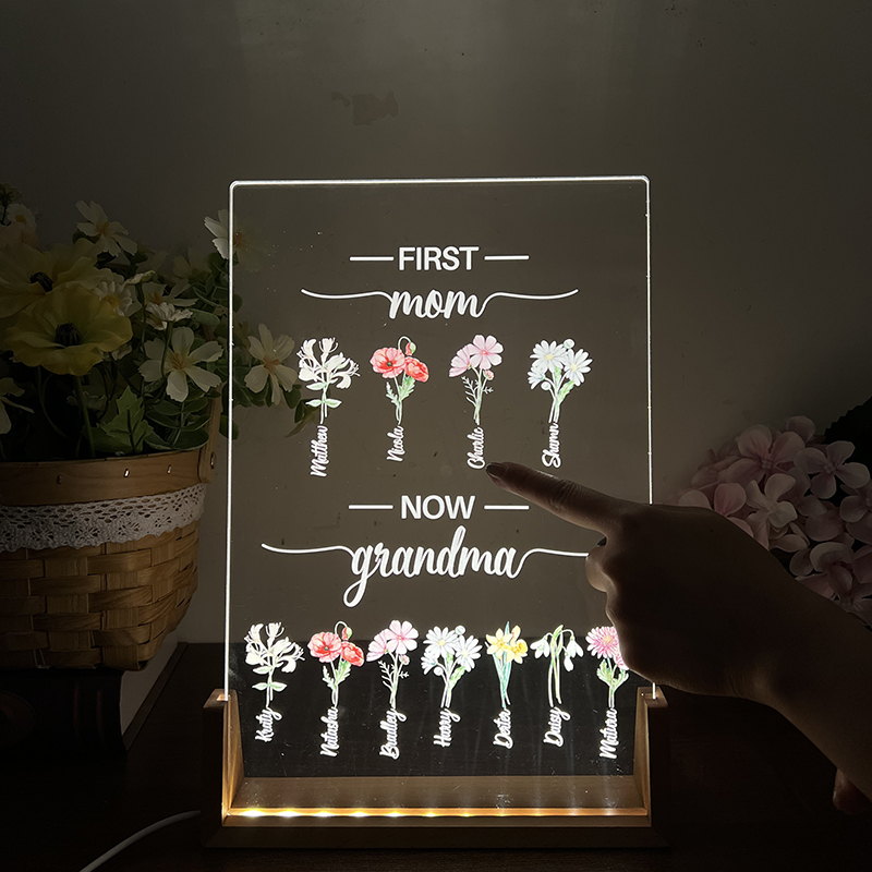 First Mom Now Grandma Birth Flower Family Customized U Light LED Frame