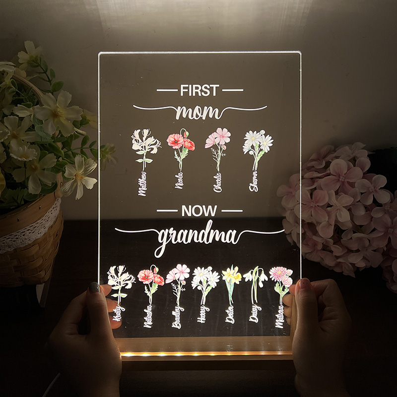 First Mom Now Grandma Birth Flower Family Customized U Light LED Frame