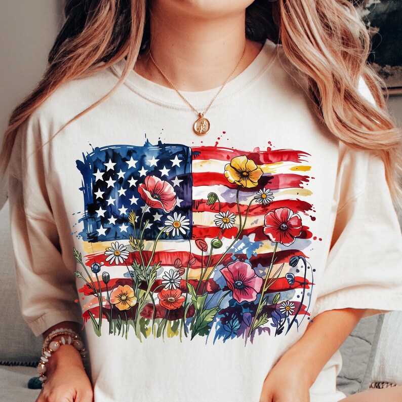 “Floral Flag” Watercolor Patriotic Tee | Artistic USA Pride Shirt