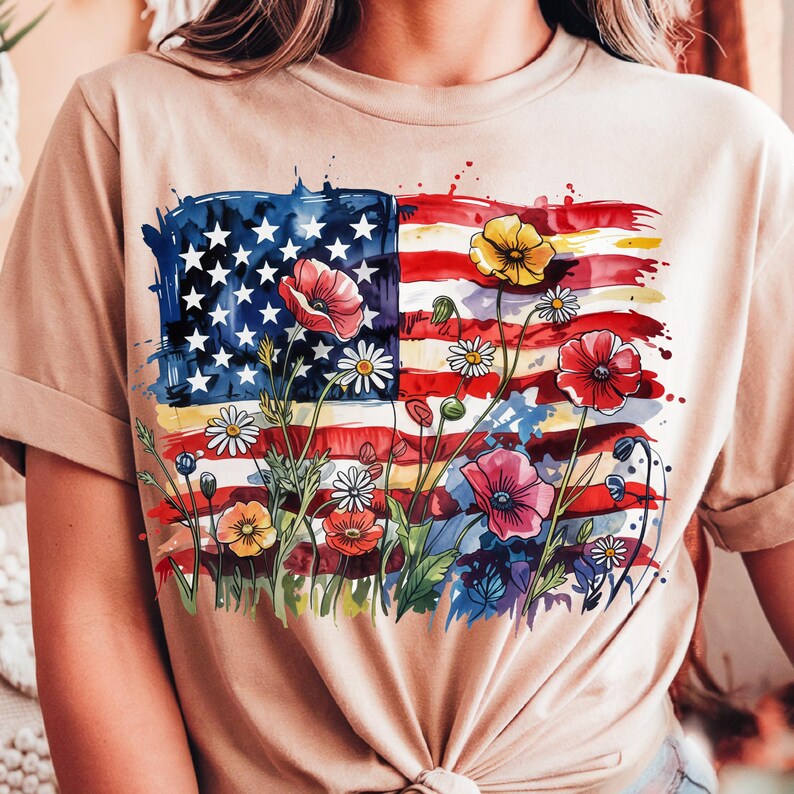 “Floral Flag” Watercolor Patriotic Tee | Artistic USA Pride Shirt