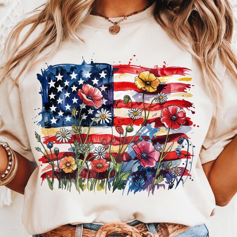 “Floral Flag” Watercolor Patriotic Tee | Artistic USA Pride Shirt