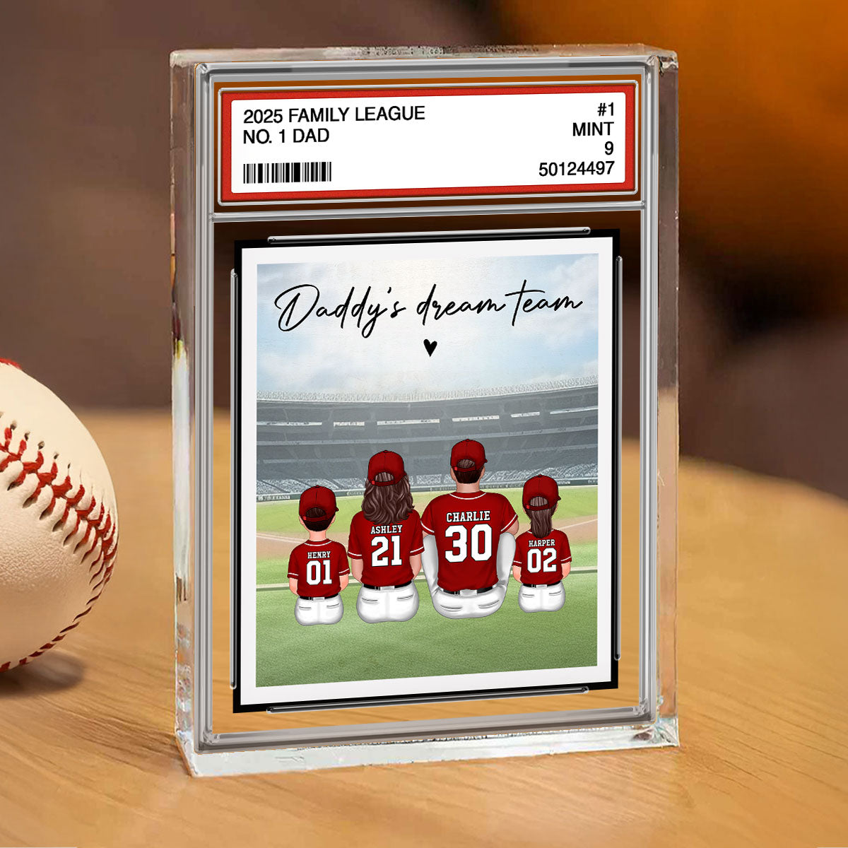 Baseball No. 1 Dad Man & Kids Sitting Trading Card Style Personalized Acrylic Block Plaque
