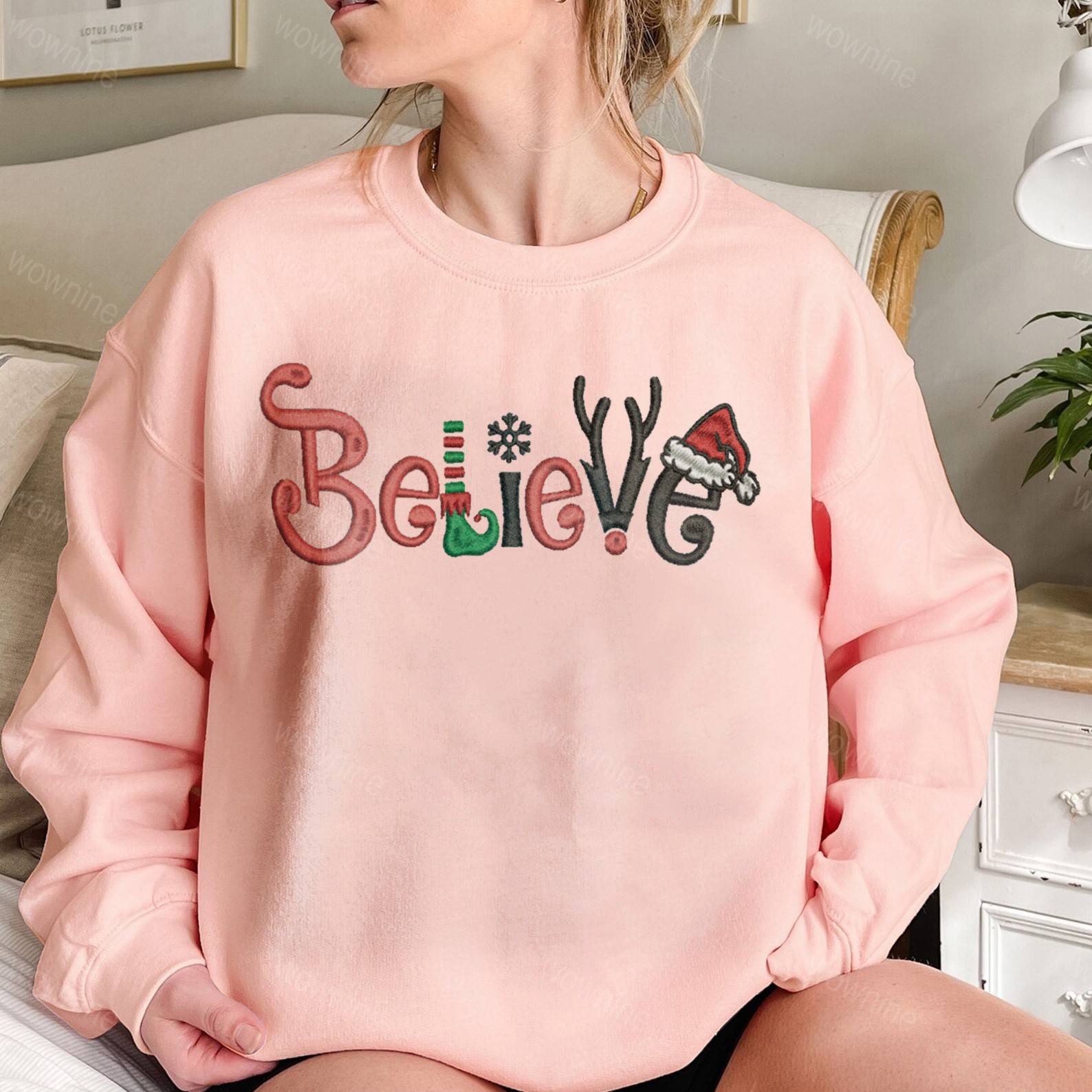 Christmas Sweatshirt Embroidered Believe Santa Cozy Holiday Crewneck Sweater
