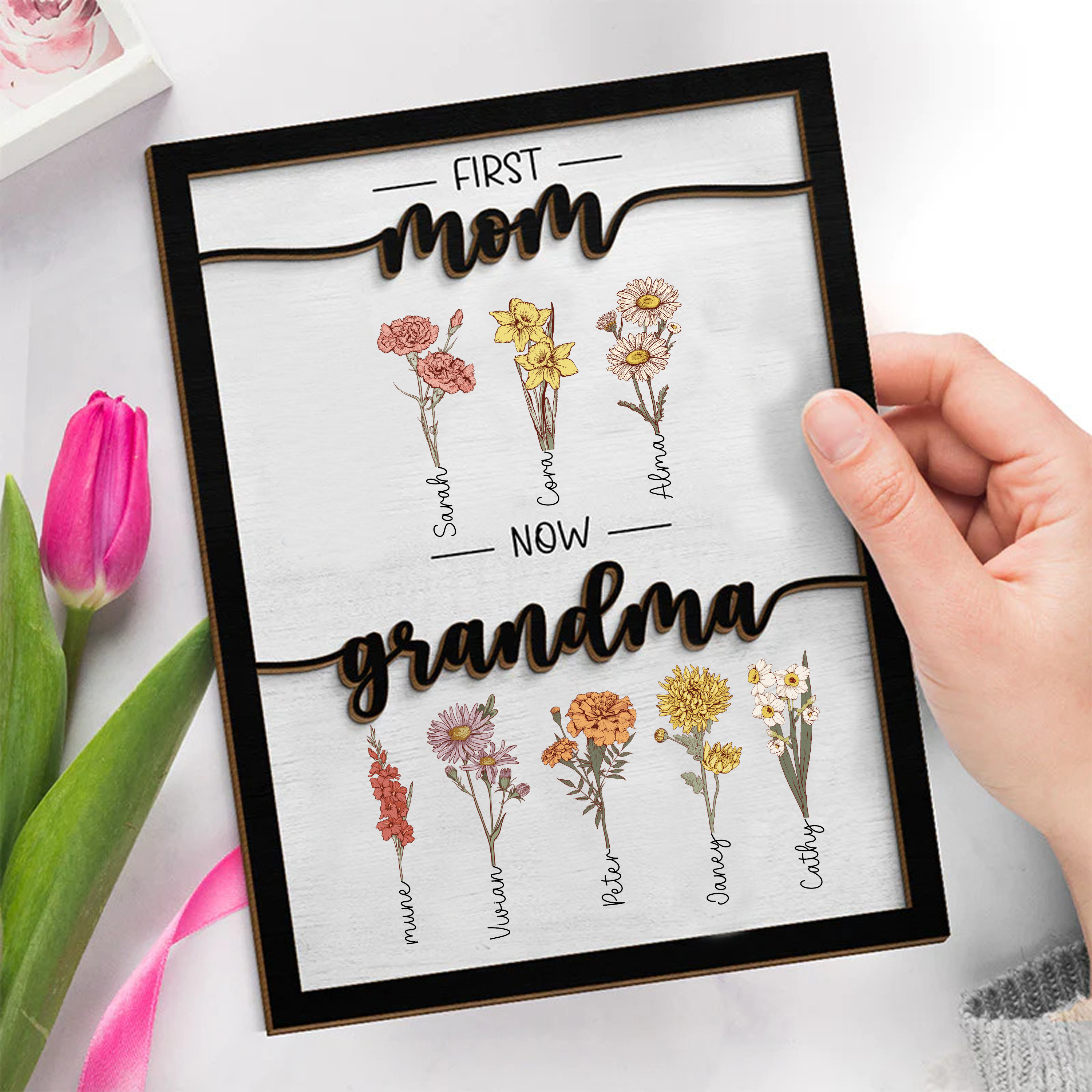 First Mom Now Grandma - Family Personalized Custom 2-Layered Wooden Plaque With Stand