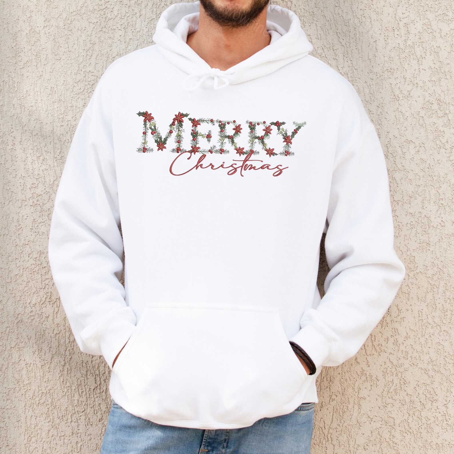 Embroidered Floral Merry Christmas Sweatshirt, Embroidered Christmas Crewneck Sweatshirt, Embroidered Floral Sweater