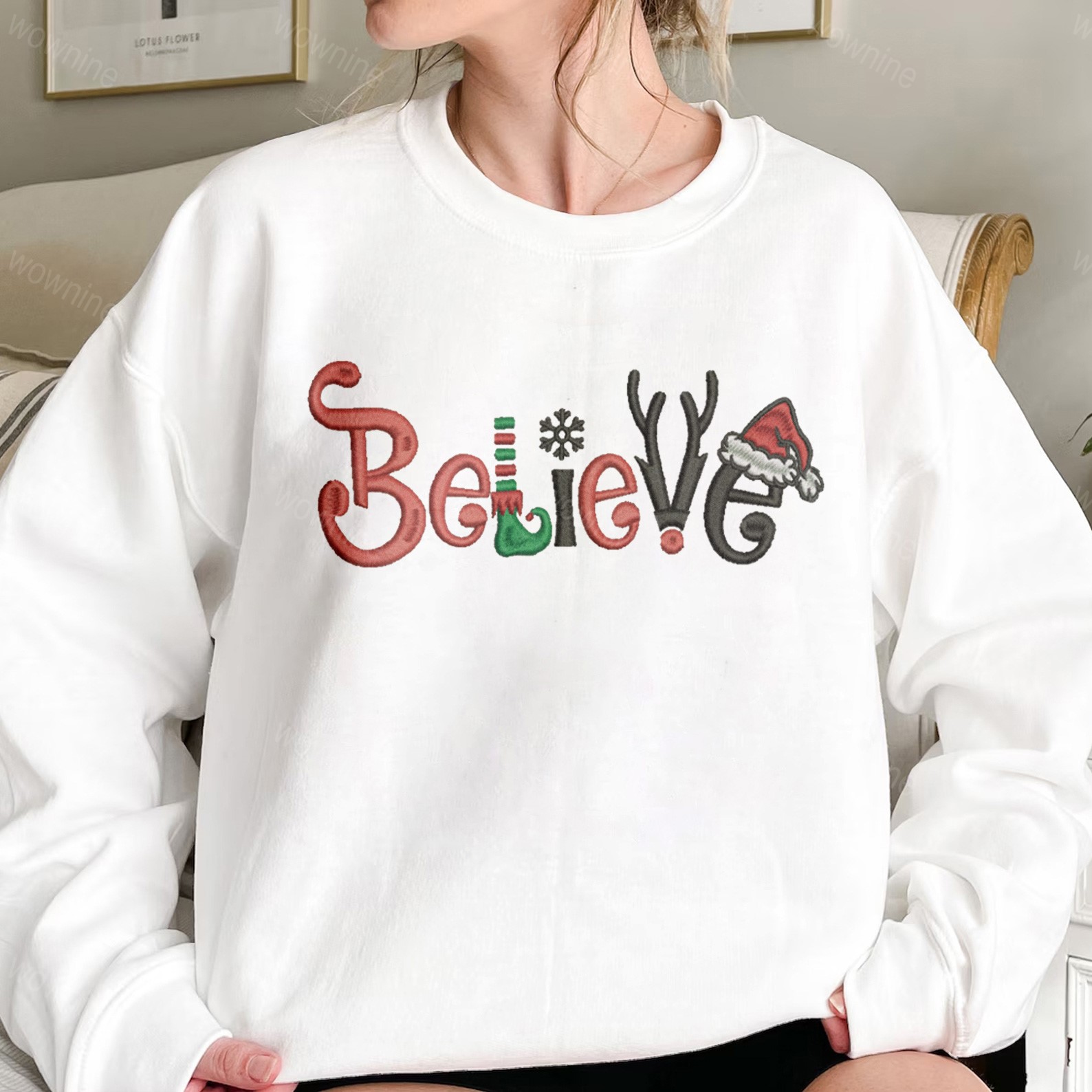 Christmas Sweatshirt Embroidered Believe Santa Cozy Holiday Crewneck Sweater