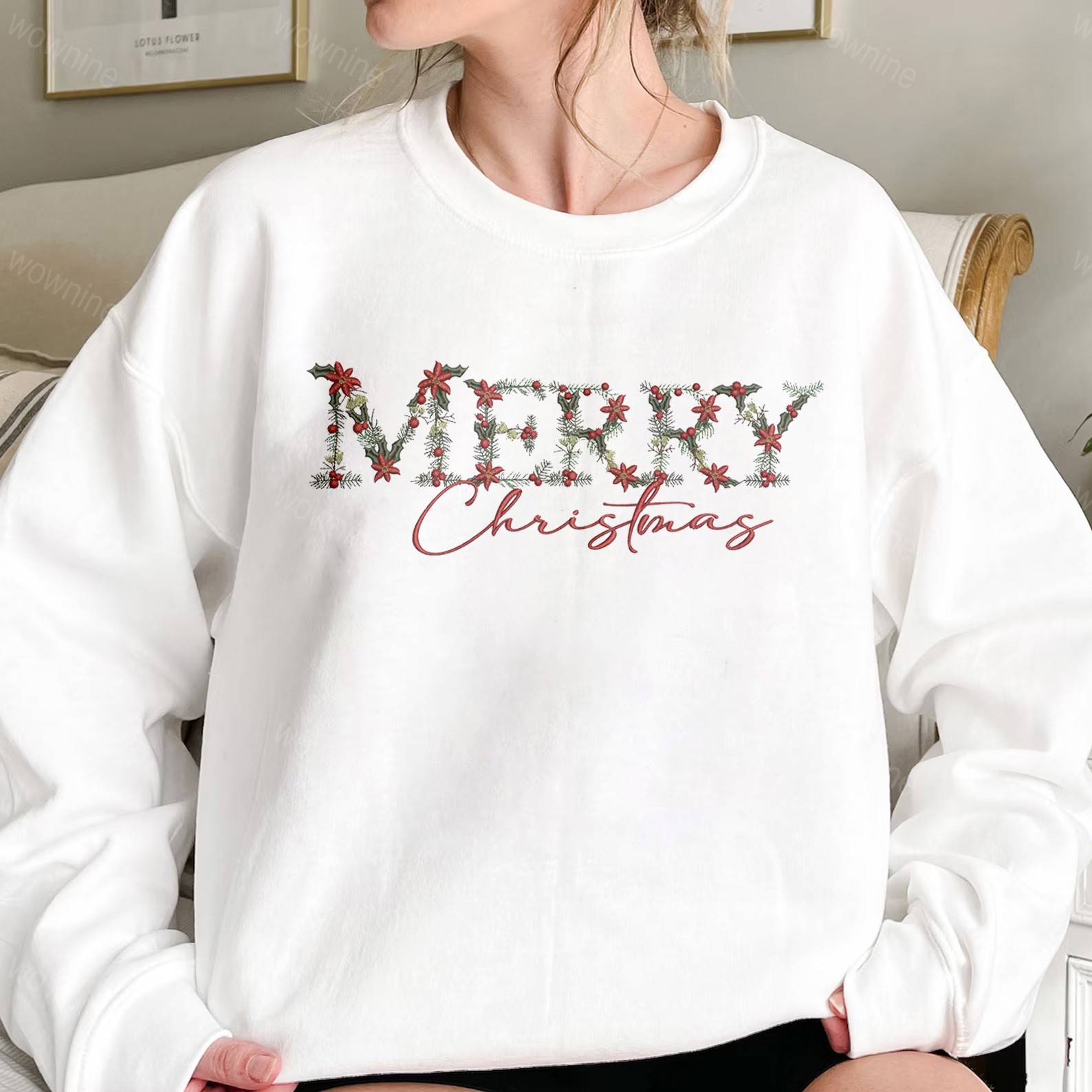 Embroidered Floral Merry Christmas Sweatshirt, Embroidered Christmas Crewneck Sweatshirt, Embroidered Floral Sweater