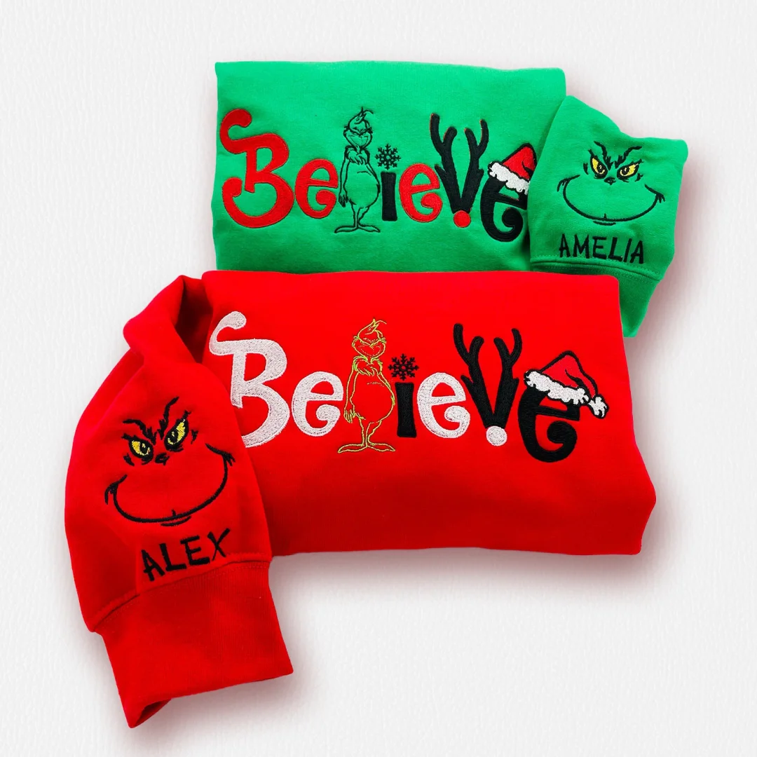 Embroidered Christmas Believe Family Sweatshirt Believe Santa Cozy Holiday Crewneck Sweater