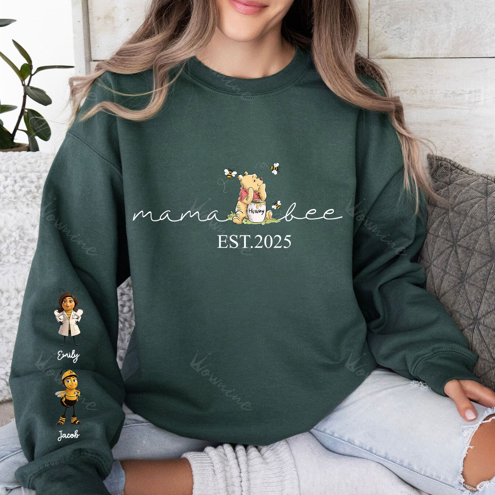 Custom Mama Bee Sweatshirt, Mama Est with Kid Name on Sleeve Sweatshirt