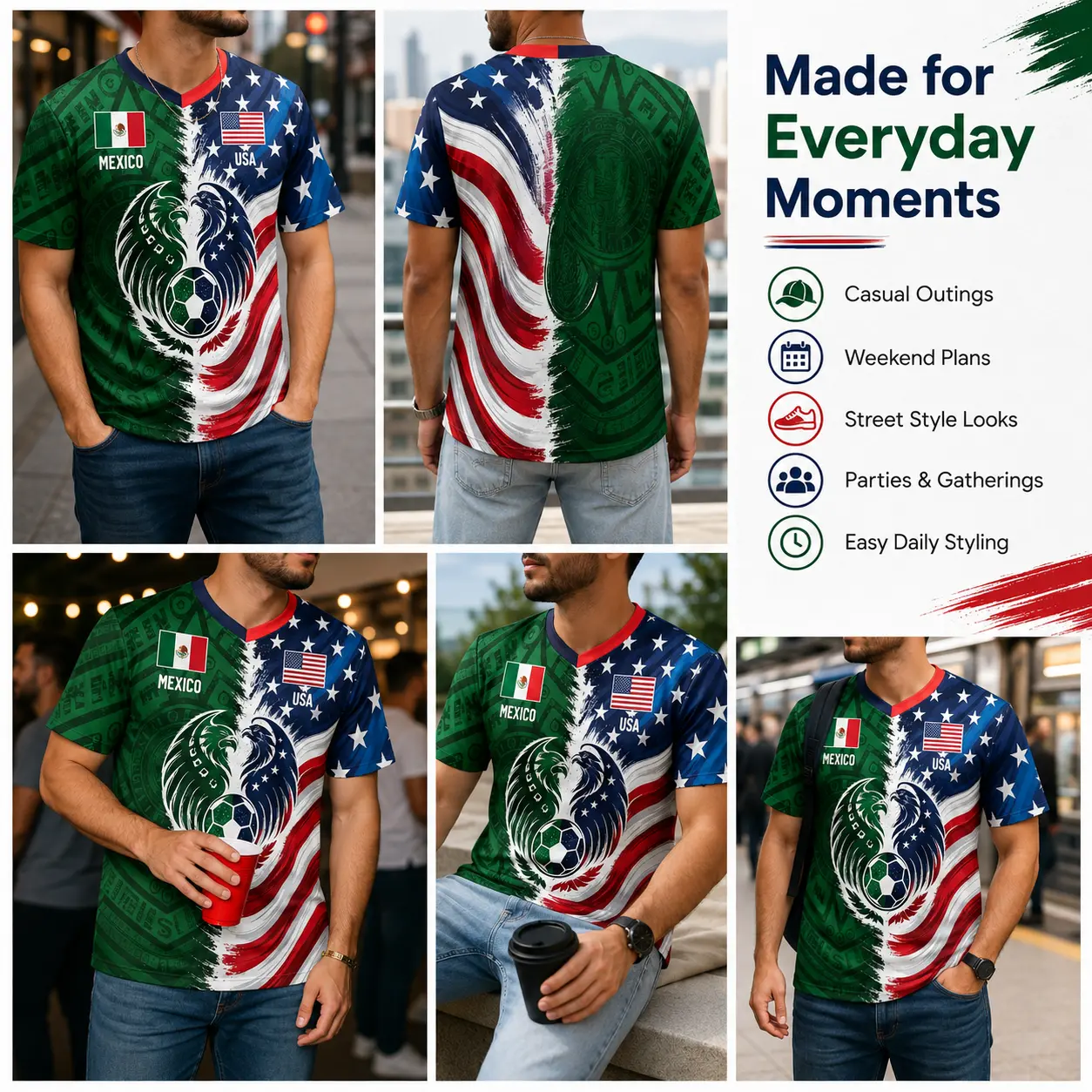 Mexican American Dual Heritage Split Jersey – Stars, Stripes & Aztec Tribal Soccer Athletic Shirt