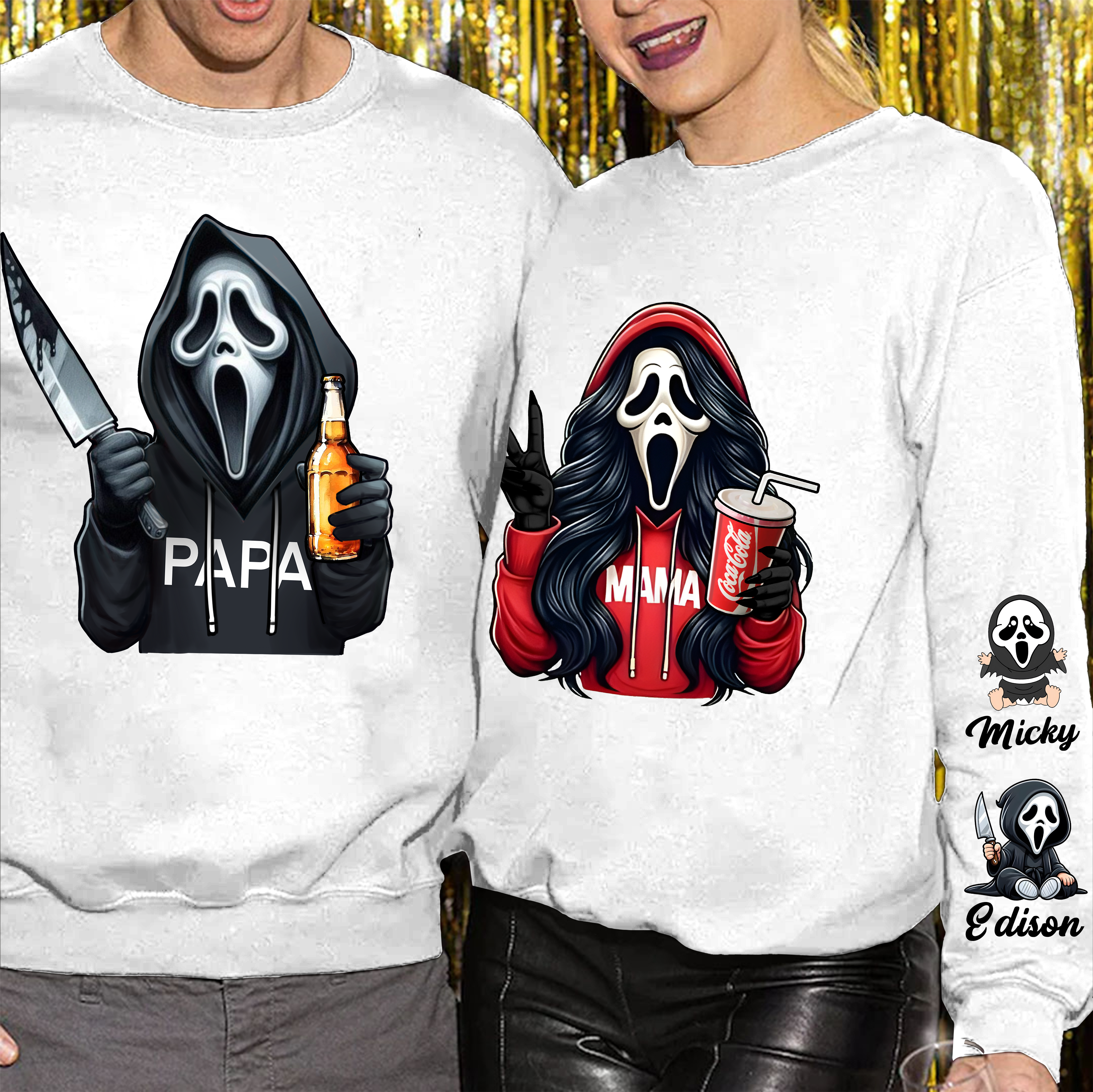 Custom Halloween Ghust Face MAMA Sweatshirt with Kid's Names/Pet's Names on the Sleeve