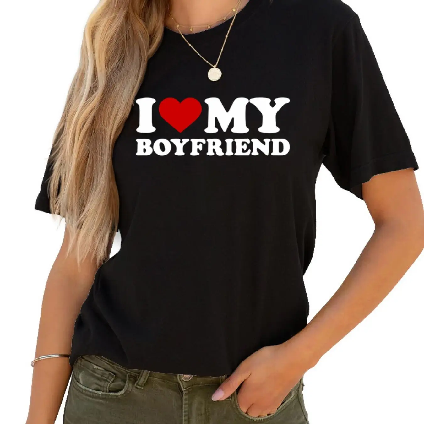 Women's "I Love My Boyfriend" Print Round Neck Graphic Tee, Summer Clothes Women, Comfort Basic Minimalist Womenswear, Vintage Trendy Casual Short Sleeve Crewneck T-shirt for Lady Daily Streetwear