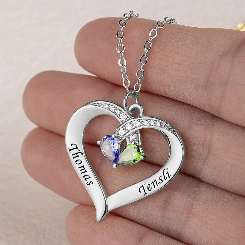 Custom Names Heart Necklace With Birthstones