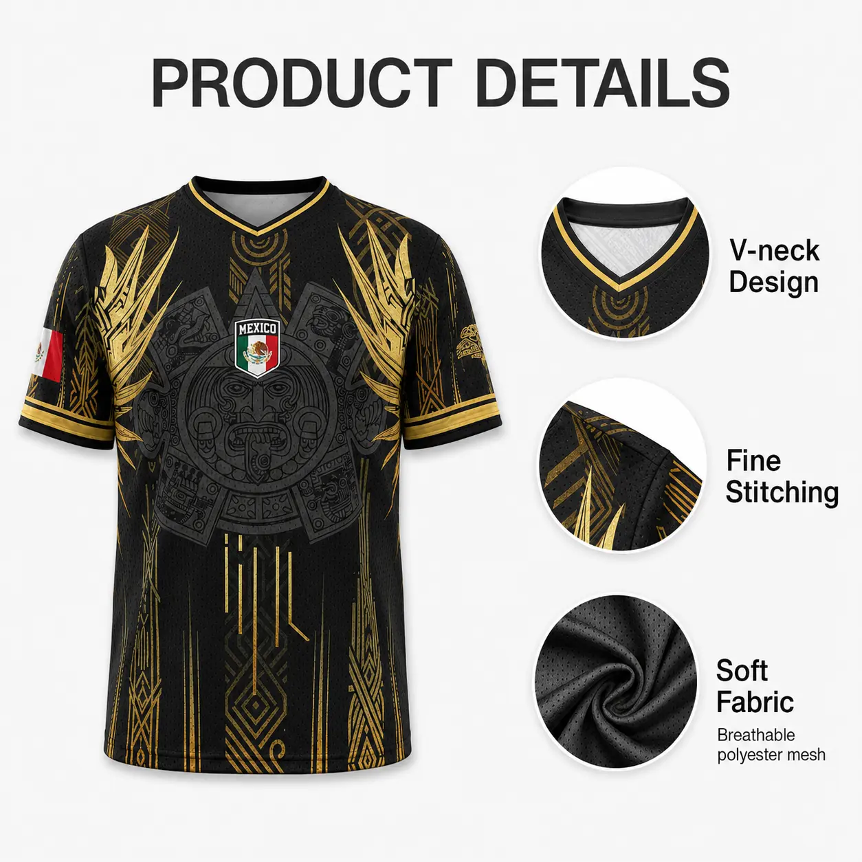 Men's Mexican Aztec Soccer Jersey - Black & Gold Mexico Football Top Game Day Apparel