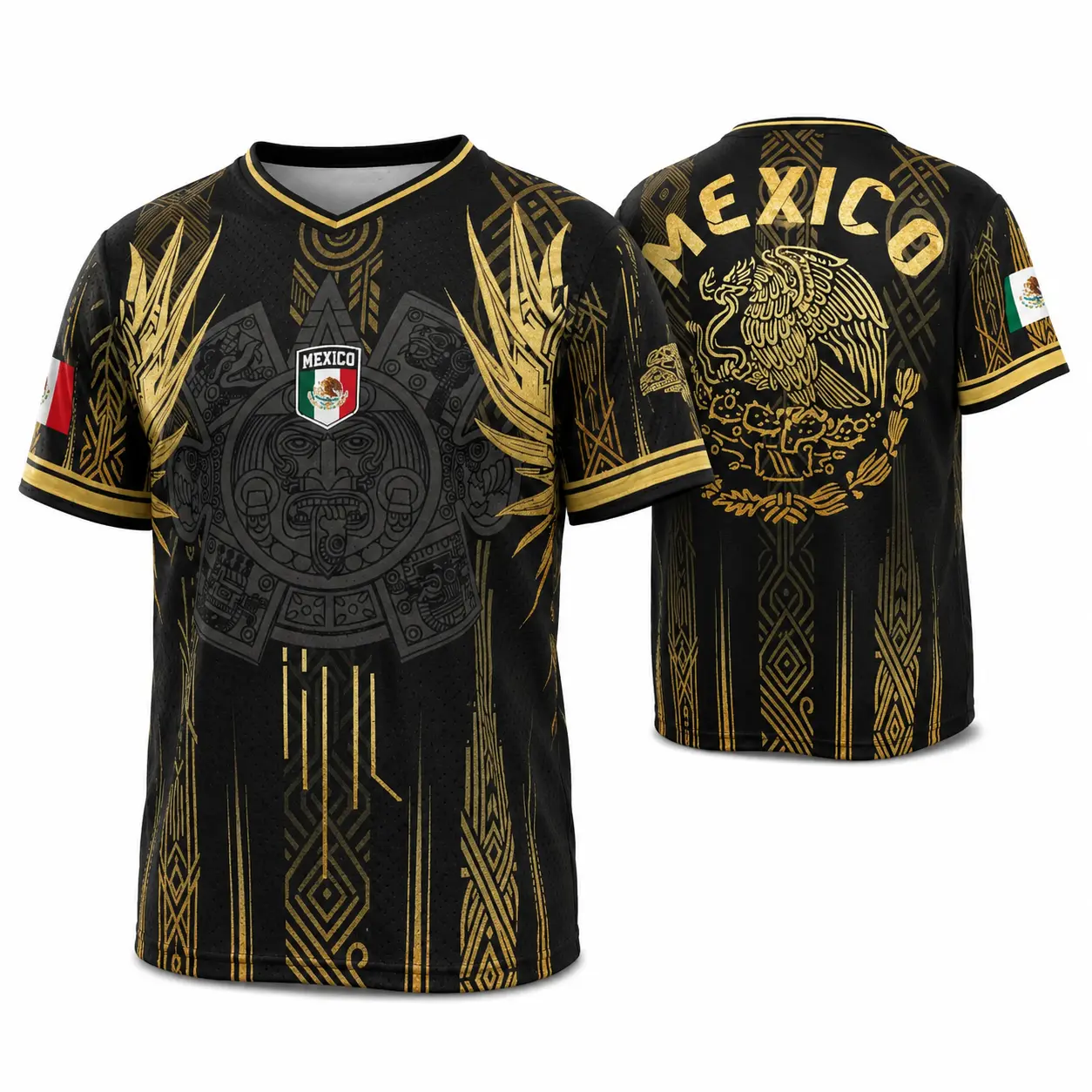 Men's Mexican Aztec Soccer Jersey - Black & Gold Mexico Football Top Game Day Apparel