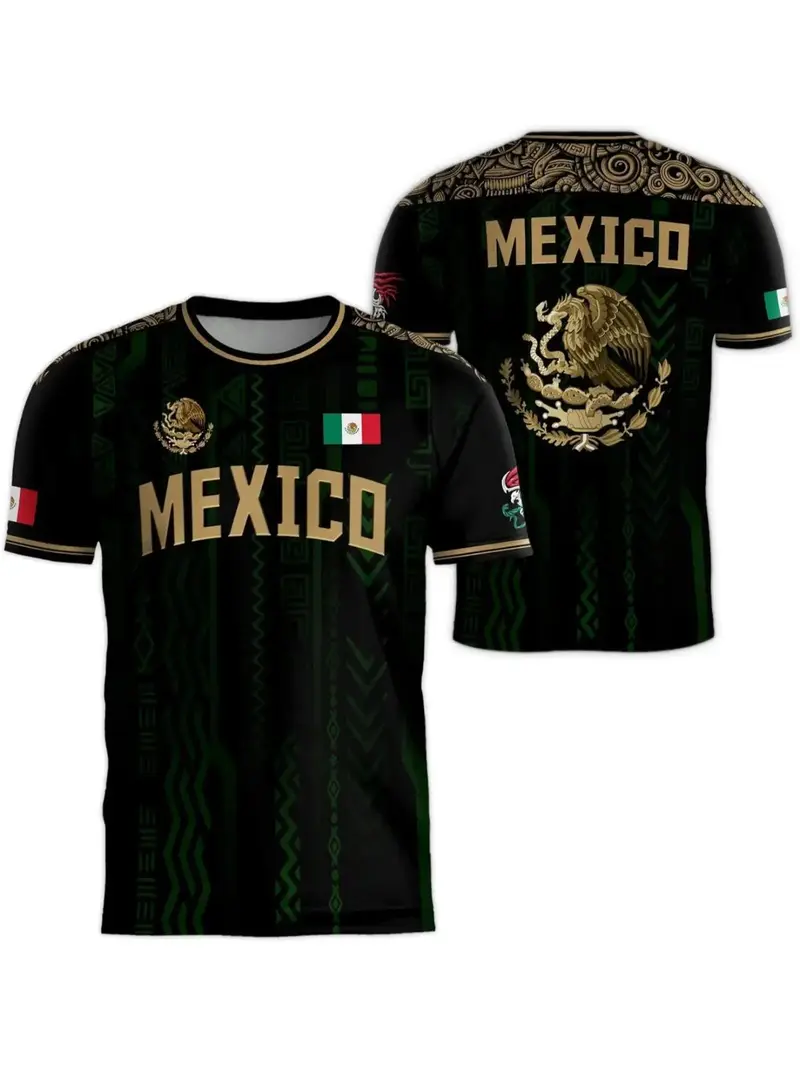 Men's Mexico Heritage Pride T-Shirt - Aztec Culture Eagle Dark Pattern Summer Short Sleeve Casual Top