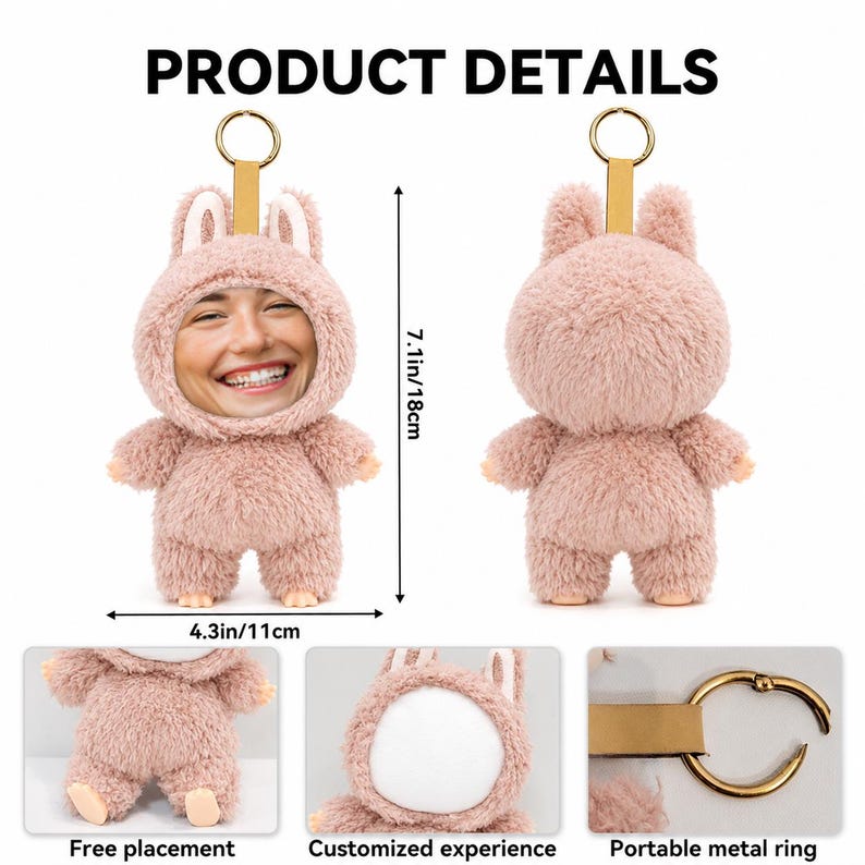 Custom Face Plush Bunny Keychain – Personalized Photo Gift