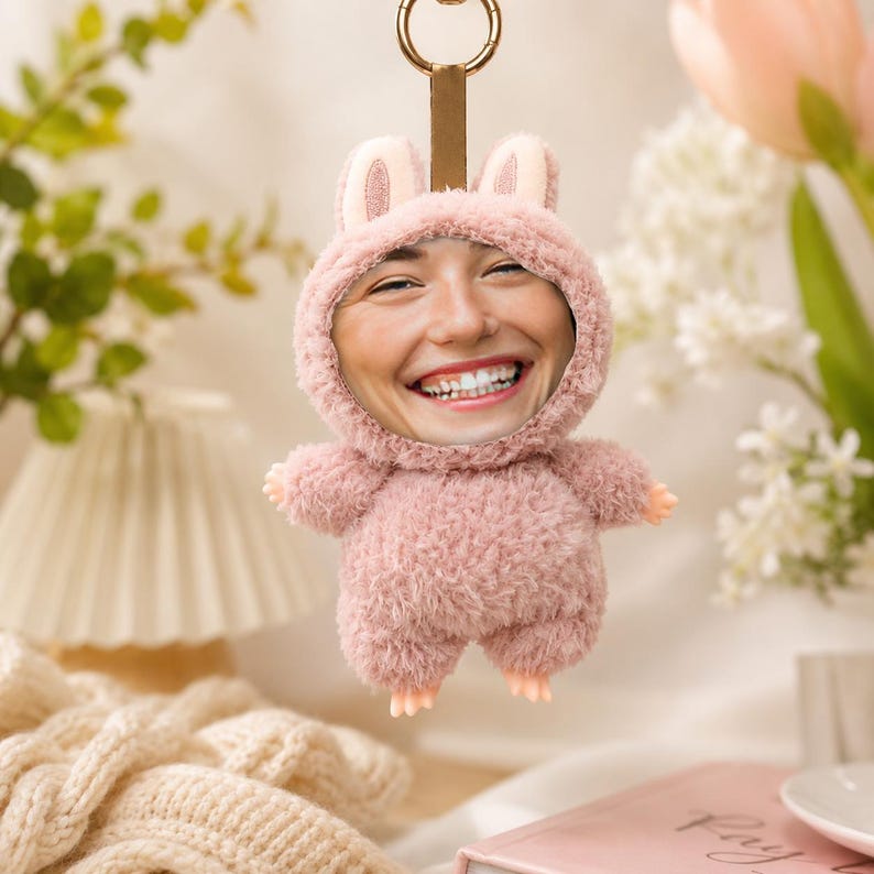 Custom Face Plush Bunny Keychain – Personalized Photo Gift