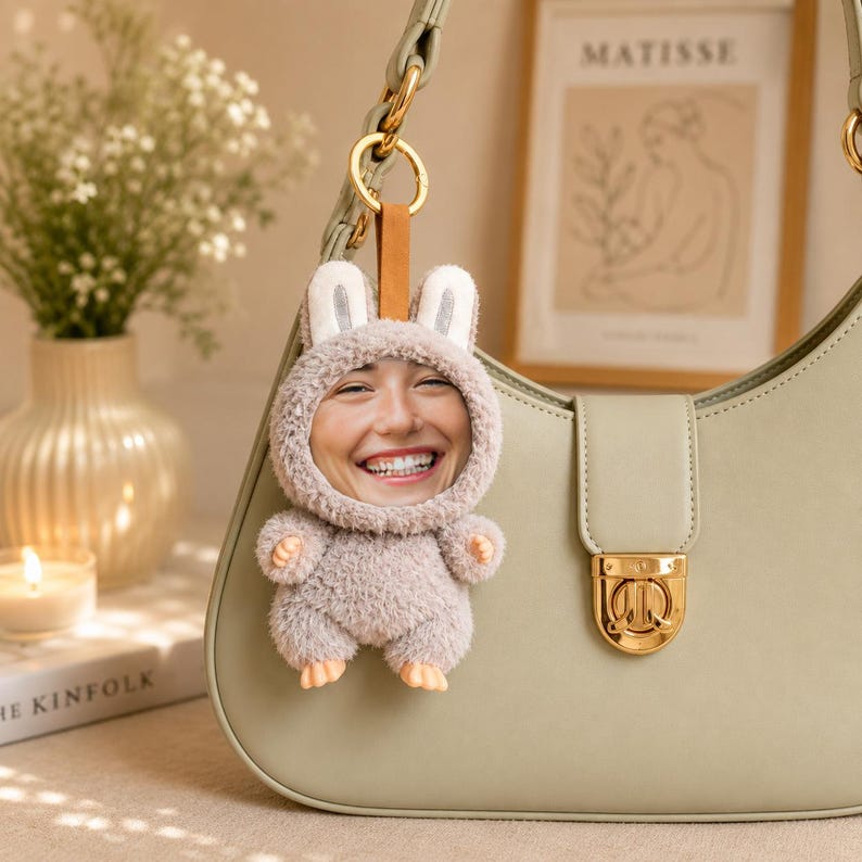 Custom Face Plush Bunny Keychain – Personalized Photo Gift