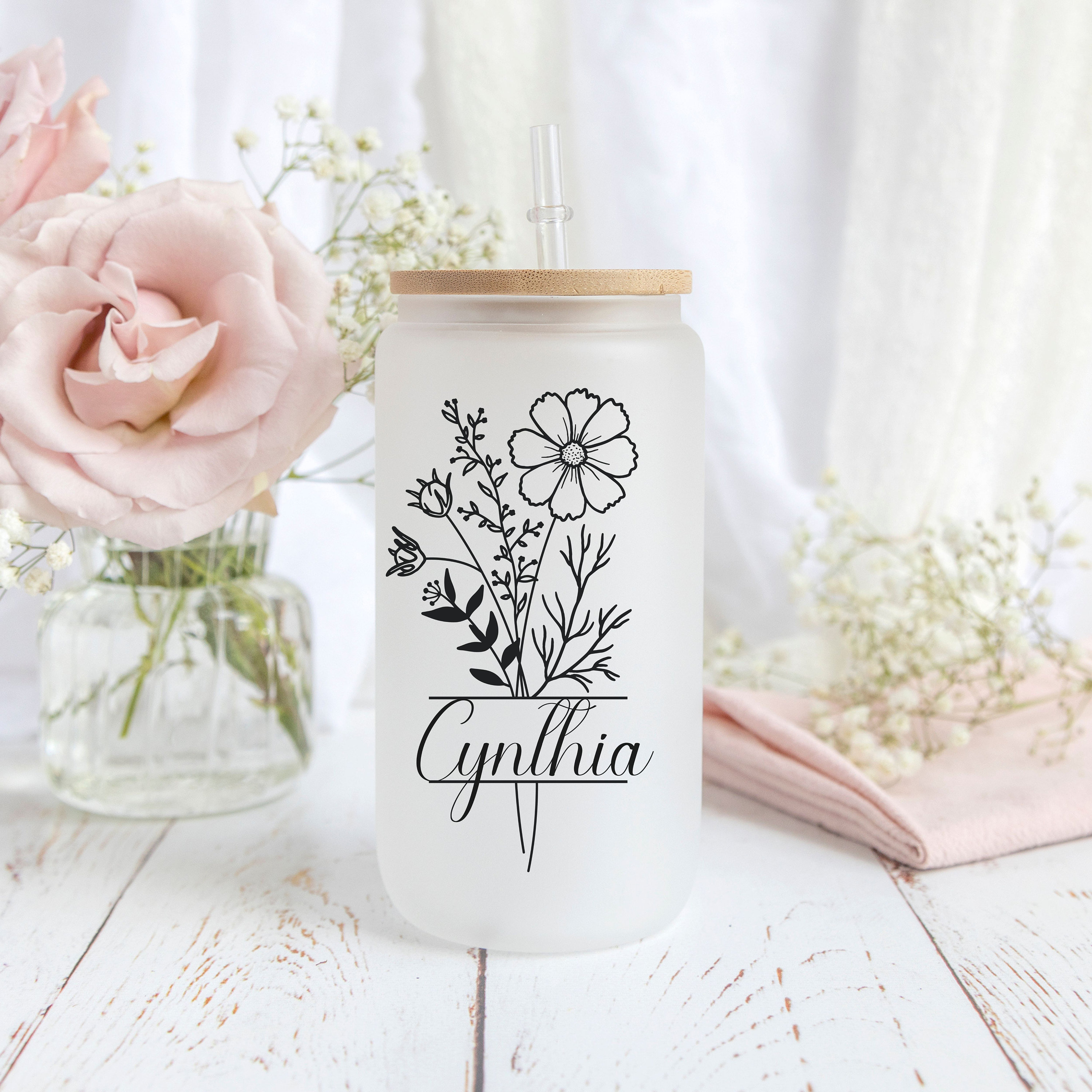 50%OFF⭐️Personalized Iced Coffee Glass Tumbler  With Name And Birth Flower