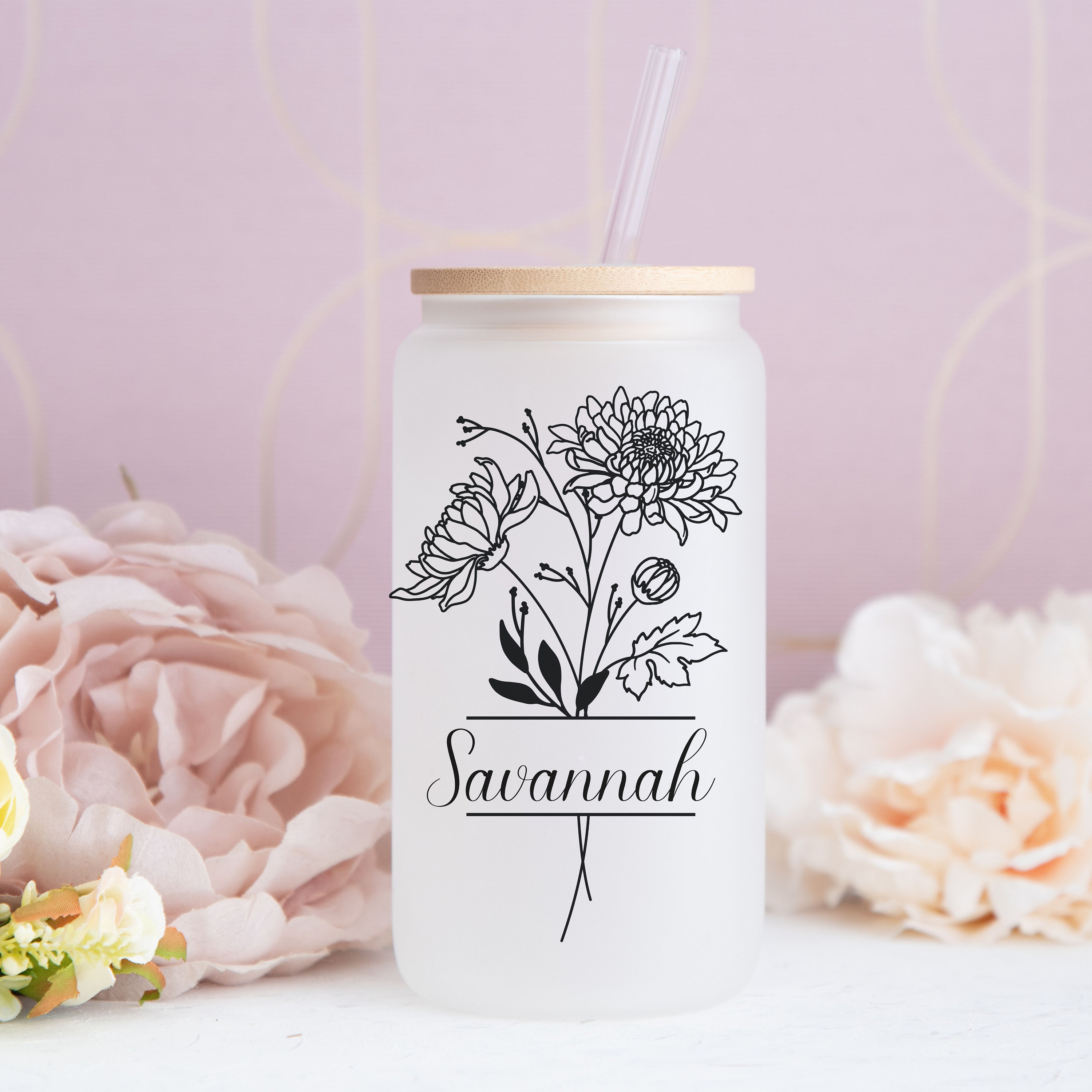 50%OFF⭐️Personalized Iced Coffee Glass Tumbler  With Name And Birth Flower