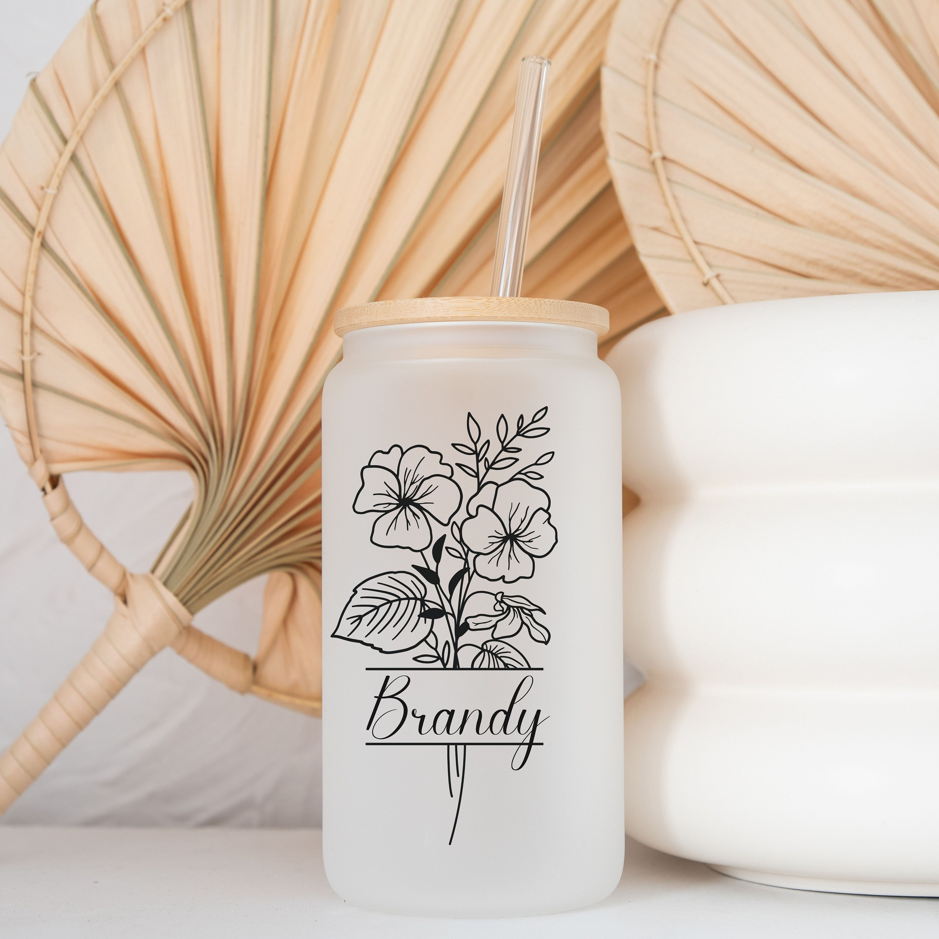 50%OFF⭐️Personalized Iced Coffee Glass Tumbler  With Name And Birth Flower