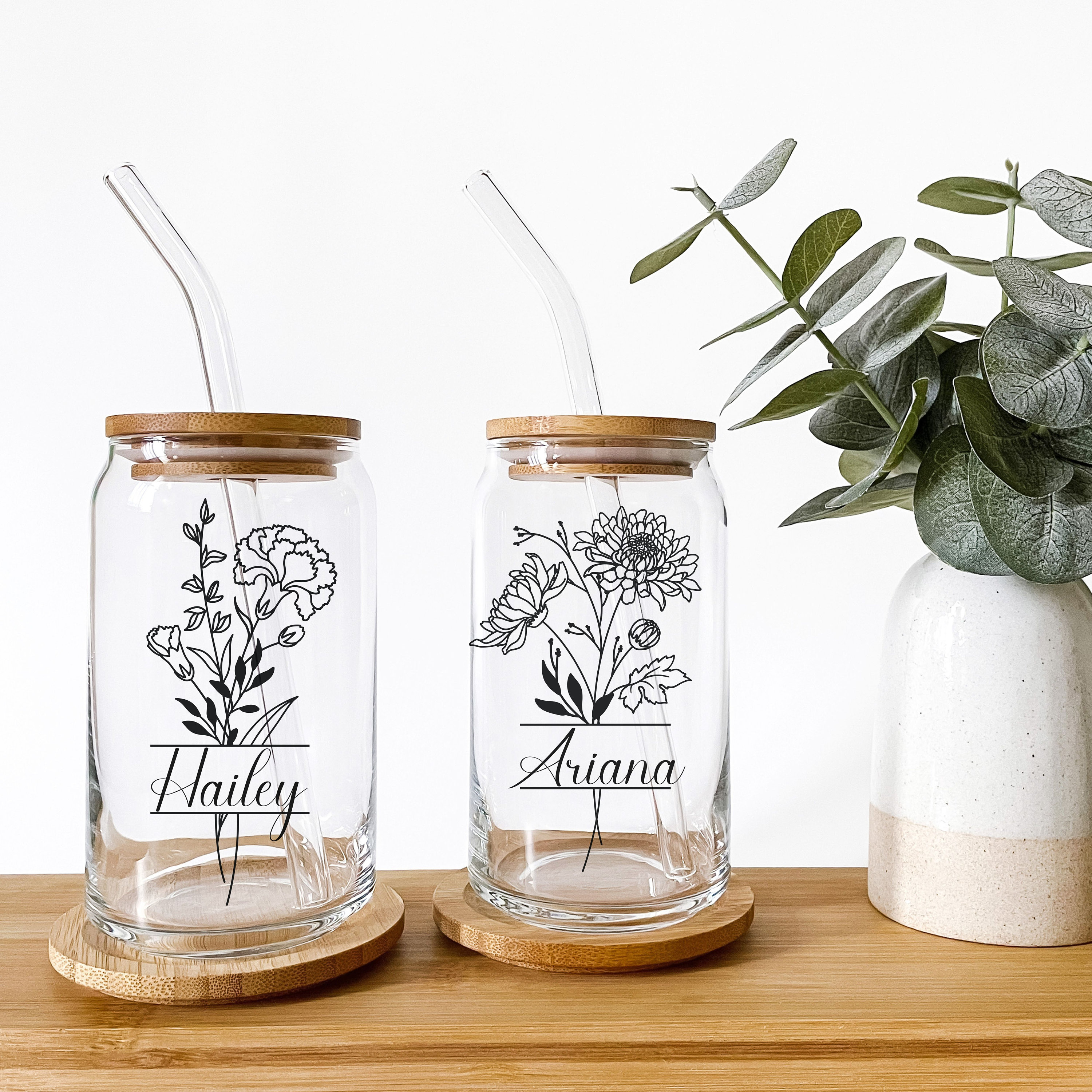 50%OFF⭐️Personalized Iced Coffee Glass Tumbler  With Name And Birth Flower