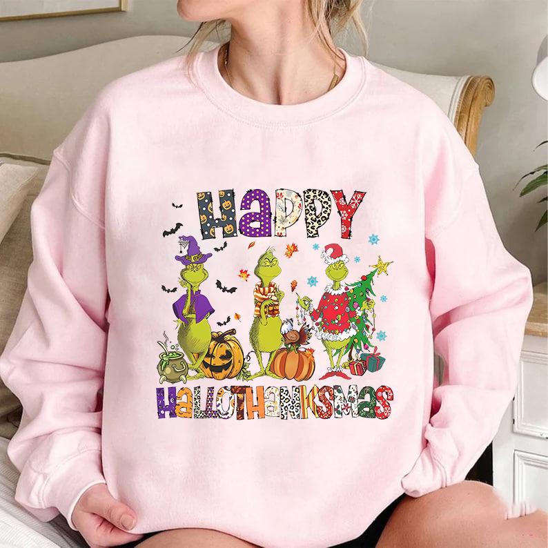 Happy HalloThanksMas Grumbly Green Sweatshirt