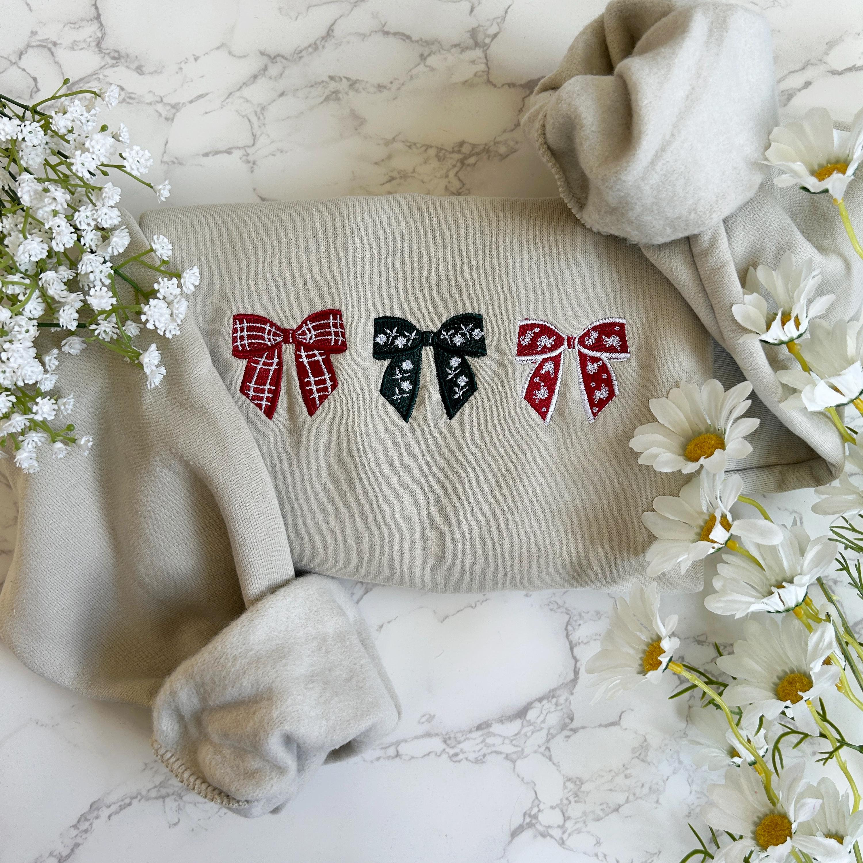 Embroidered Christmas Bow Sweatshirt, Embroidered Christmas Crewneck Sweatshirt