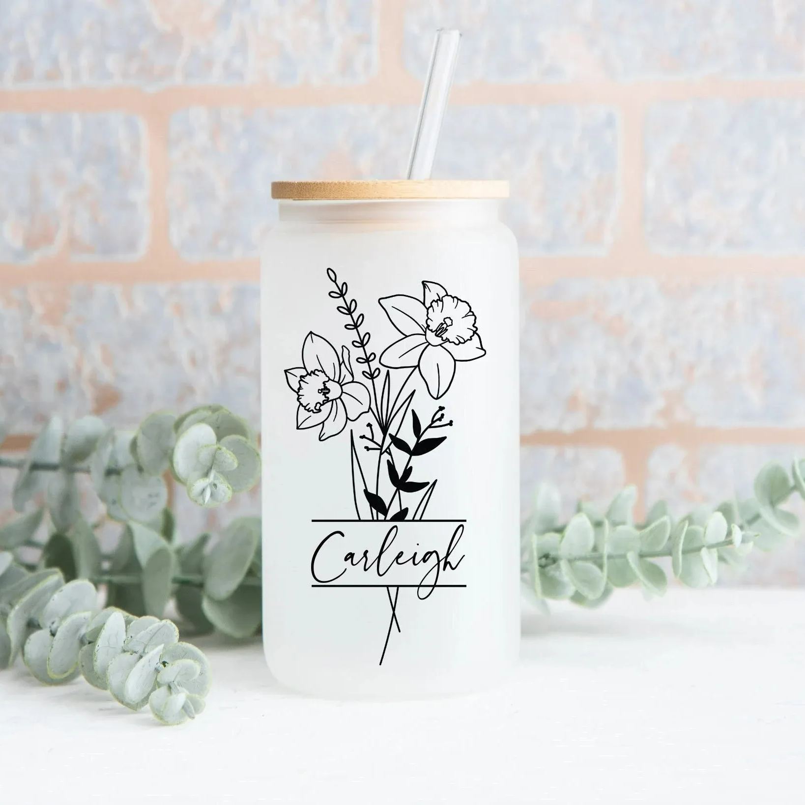 50%OFF⭐️Personalized Iced Coffee Glass Tumbler  With Name And Birth Flower