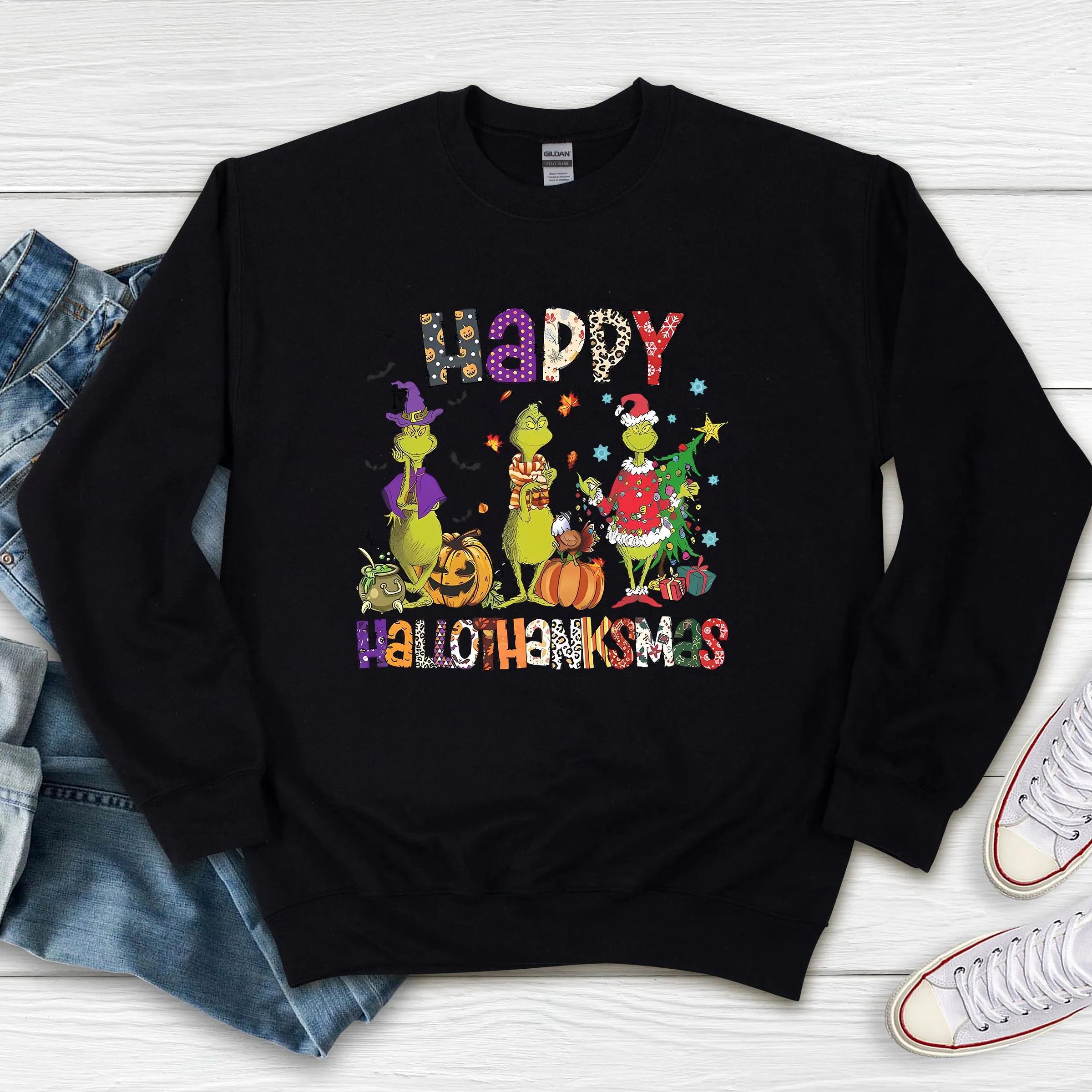 Happy HalloThanksMas Grumbly Green Sweatshirt