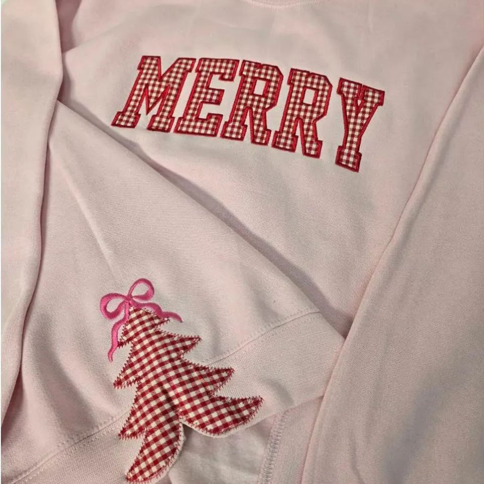 Merry Christmas Tree Plaid Side Bow Applique Sweatshirt
