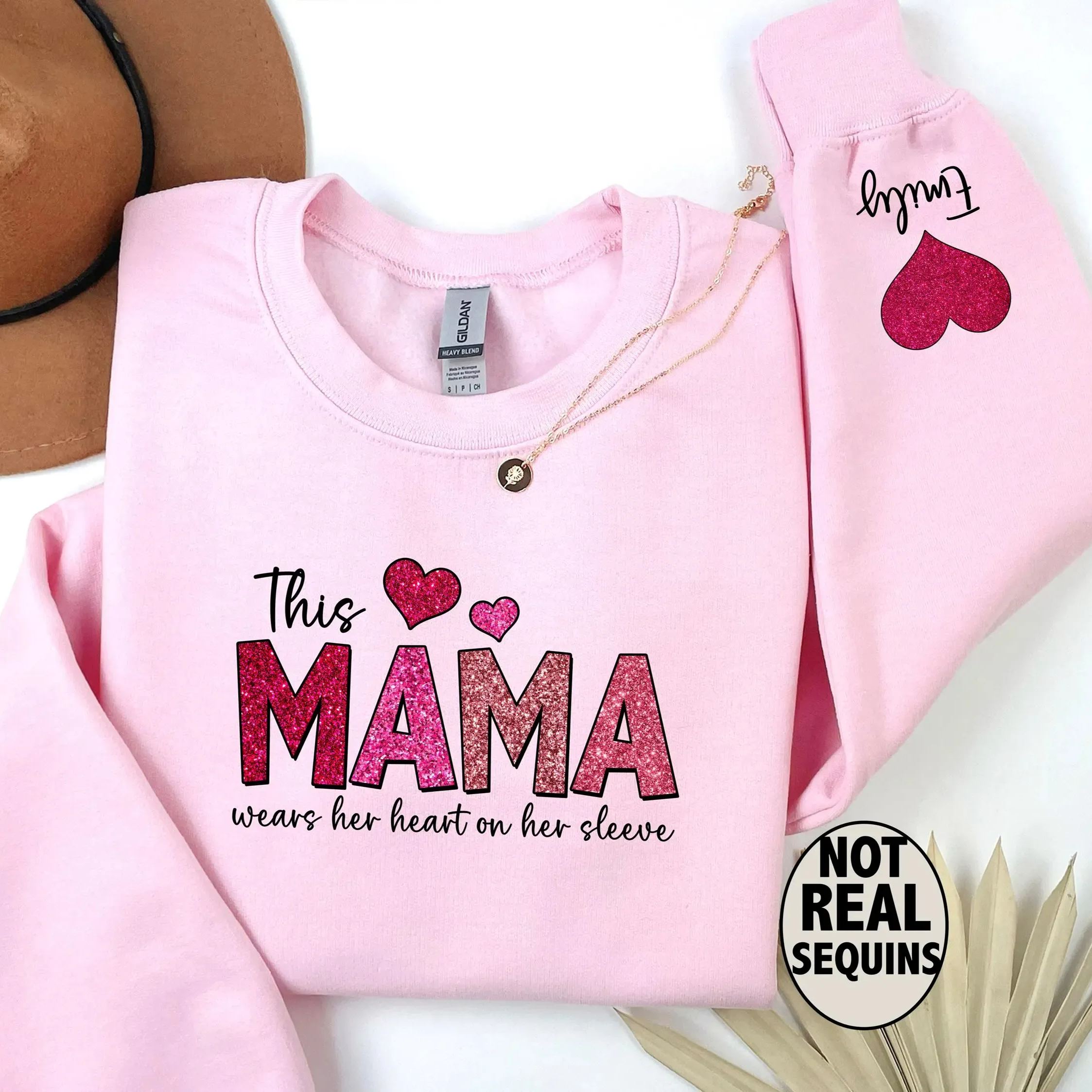 This Mama Wears Her Heart on Her Sleeve Custom Crewneck Sweatshirt