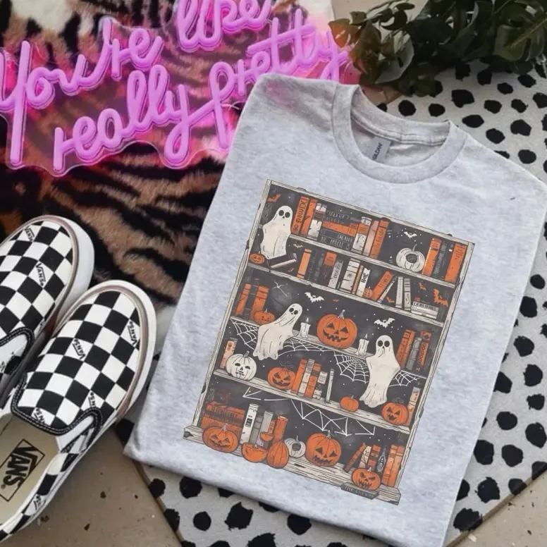 “Halloween Magic Vibe” Spooky Bookshelf Graphic Tee