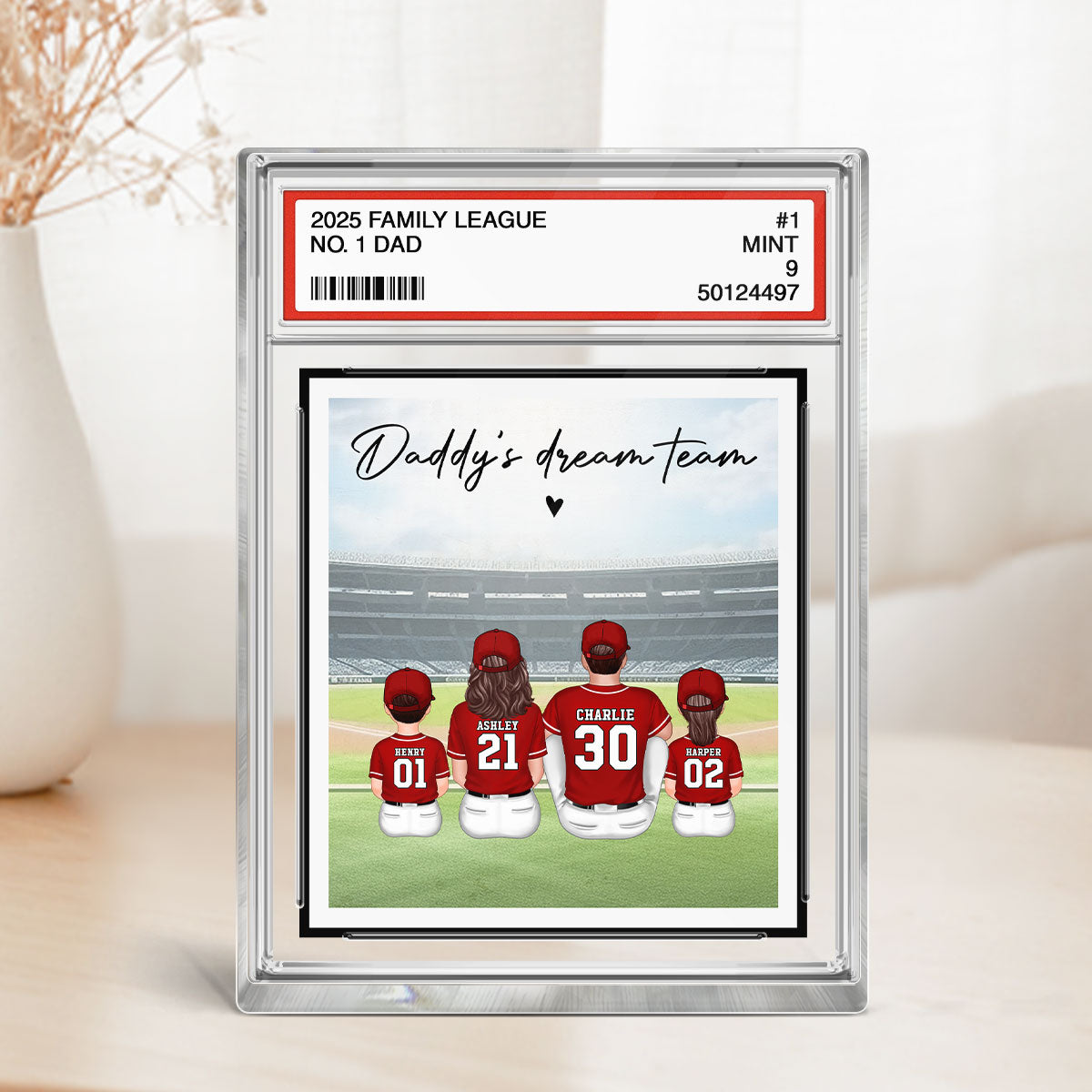 Baseball No. 1 Dad Man & Kids Sitting Trading Card Style Personalized Acrylic Block Plaque