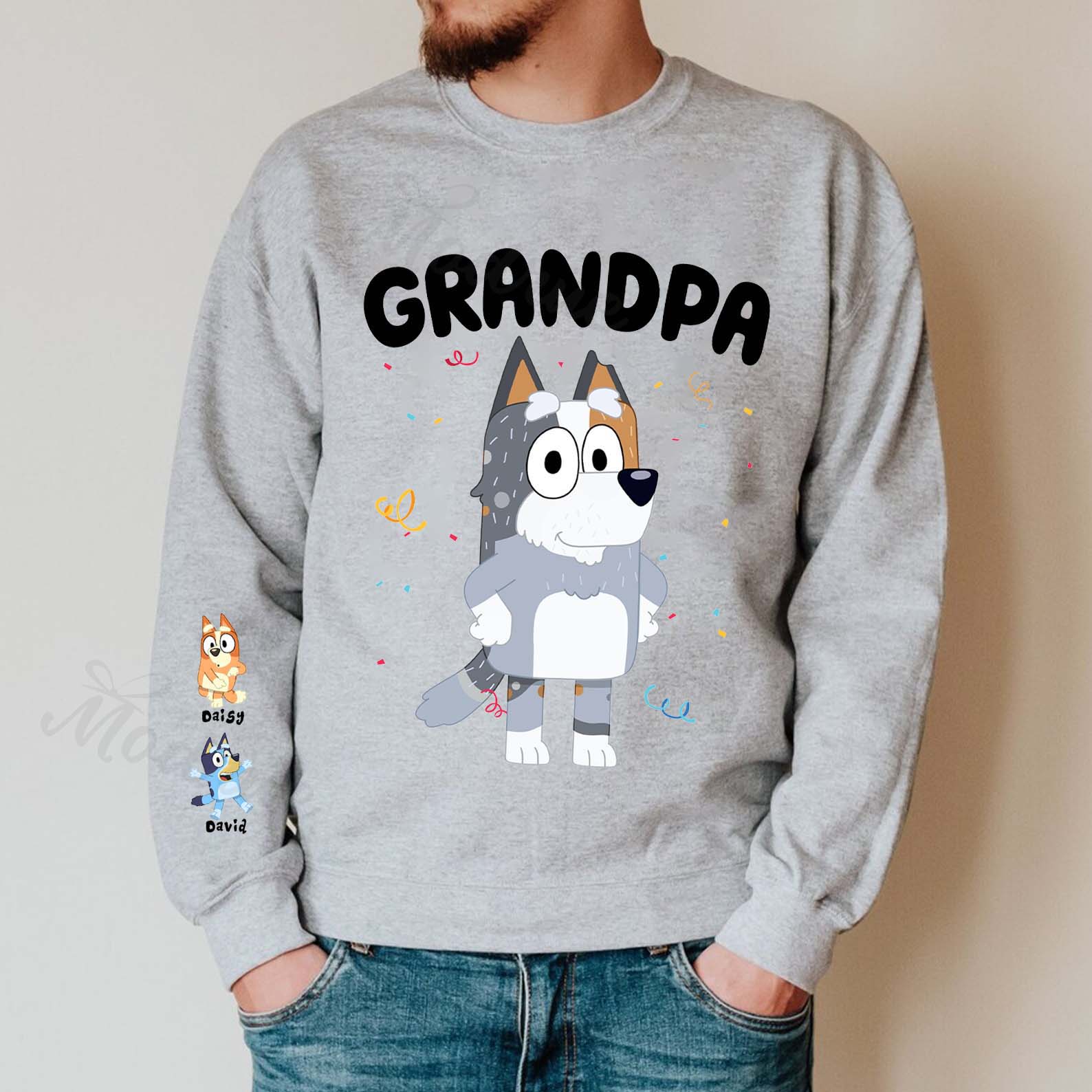 Custom Cartoon PAPA Sweatshirt with Kid's Name on Sleeve