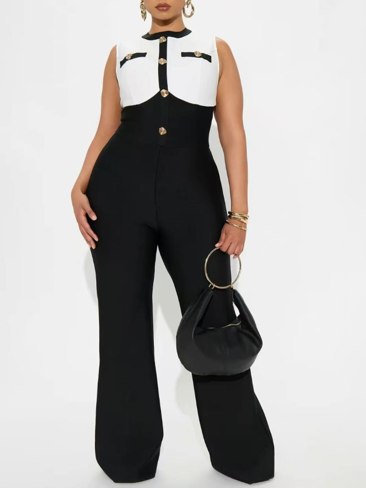 Black And White Splicing Casual Professional Jumpsuit