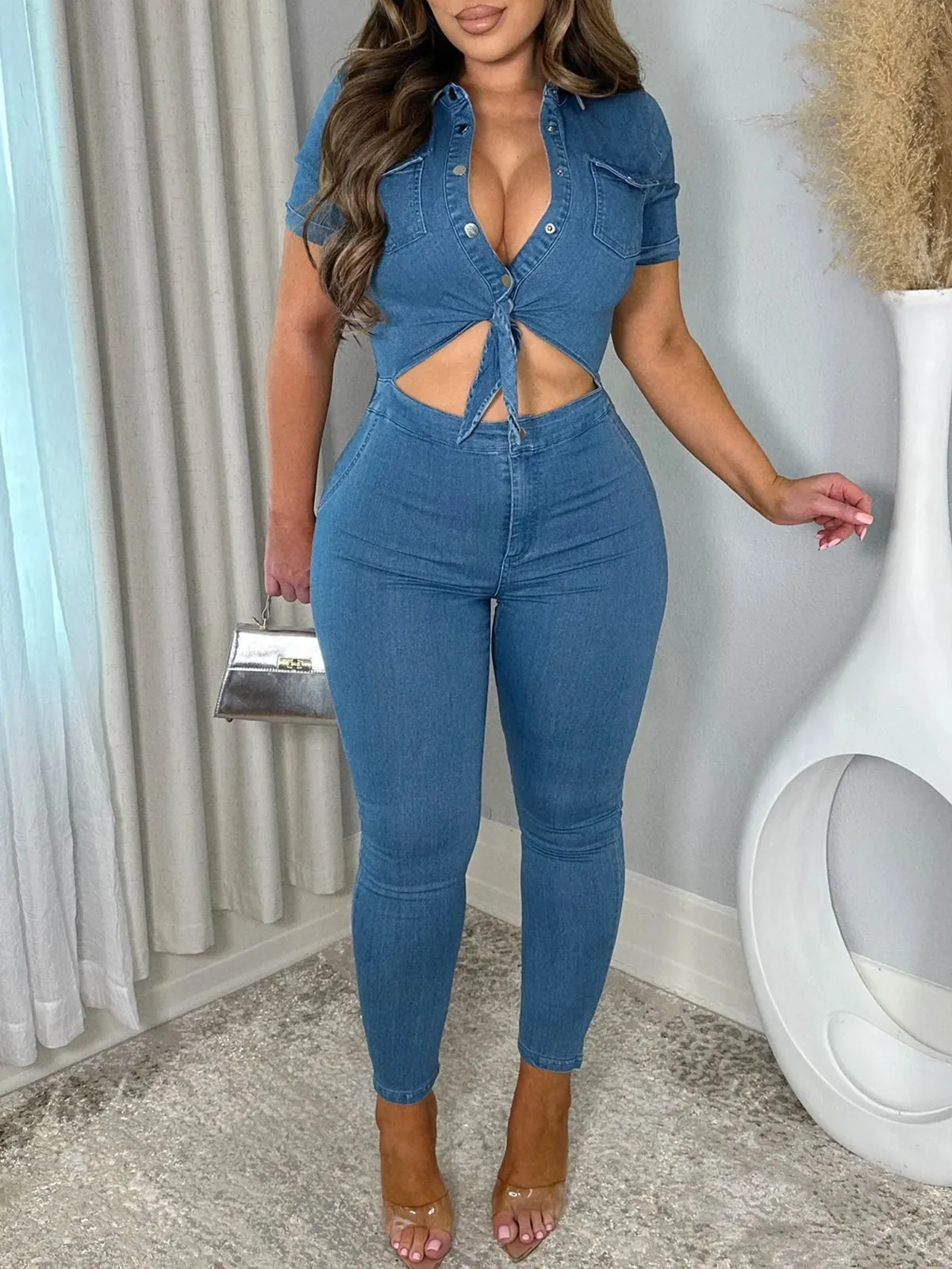 Women Lapel Hollow Out Skinny One Piece Jeans Romper Denim Jumpsuit