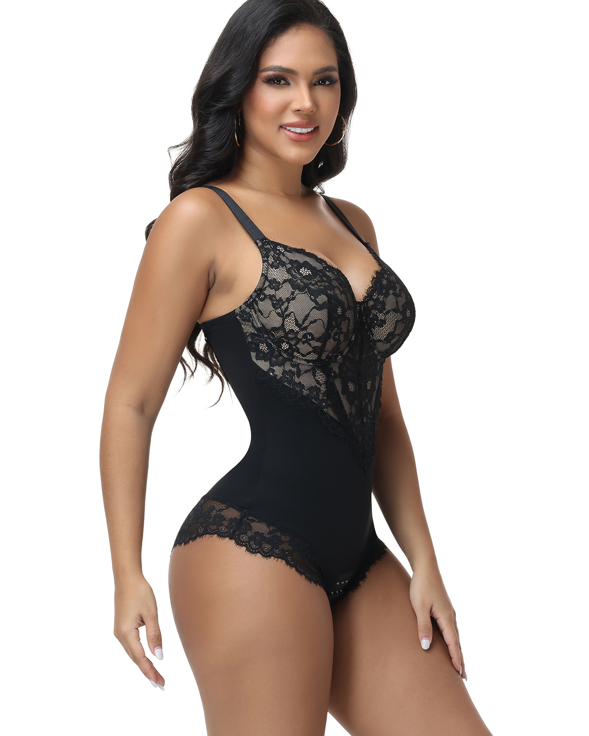 Front & Back Deep V Lace Trim Shapewear Bodysuit